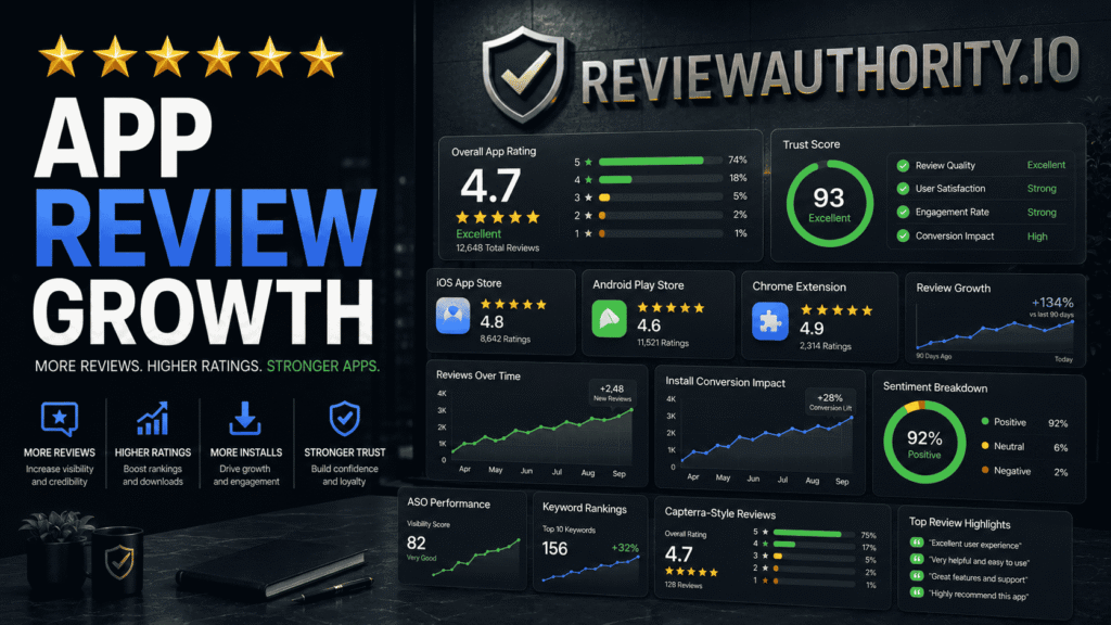 App review growth featured image showing a premium app reputation management dashboard with iOS and Android rating analytics, app review metrics, trust score panels, Chrome extension review insights, and ReviewAuthority.io branding.