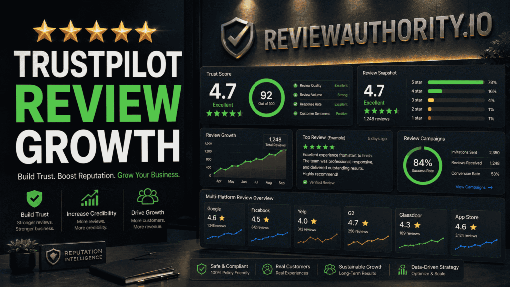 Trustpilot review growth featured image showing a premium reputation management dashboard with review analytics, star rating metrics, customer feedback insights, multi-platform review monitoring, and ReviewAuthority.io branding.