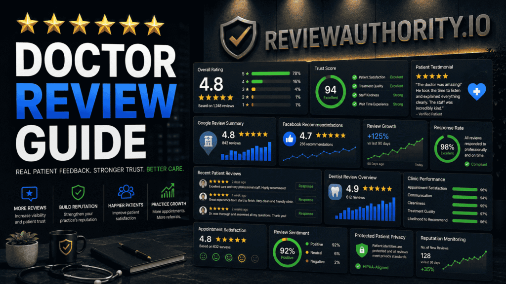 Doctor Review Guide featured image showing a healthcare reputation management dashboard with patient feedback analytics, clinic review metrics, doctor ratings, trust score panels, and ReviewAuthority.io branding.
