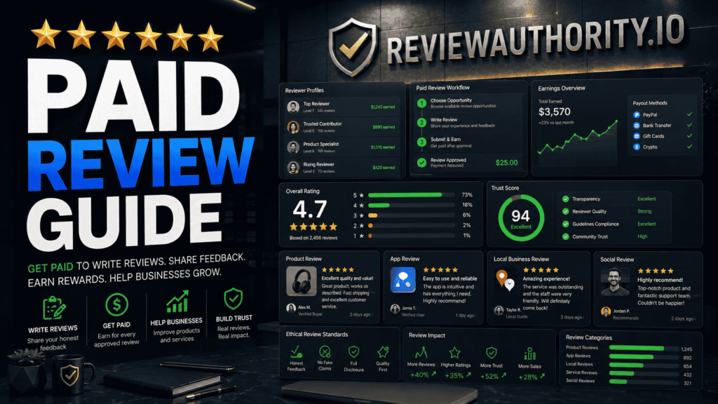 Paid Review Guide featured image showing a digital review management dashboard with reviewer workflows, customer feedback analytics, star rating metrics, trust score panels, and ReviewAuthority.io branding.
