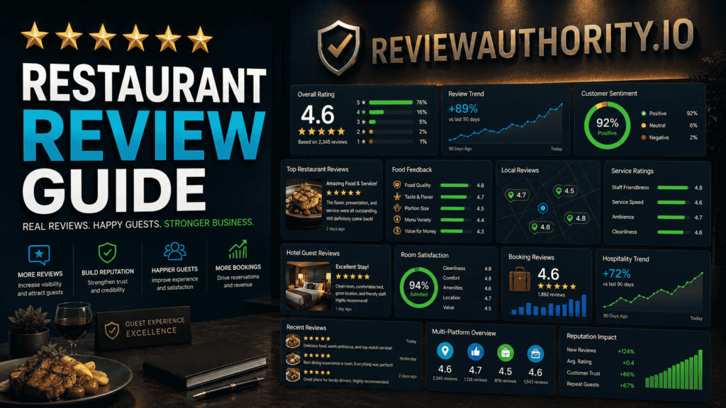 Restaurant Review Guide featuring a hospitality reputation management dashboard with restaurant reviews, hotel guest feedback, customer sentiment analytics, and ReviewAuthority.io branding.
