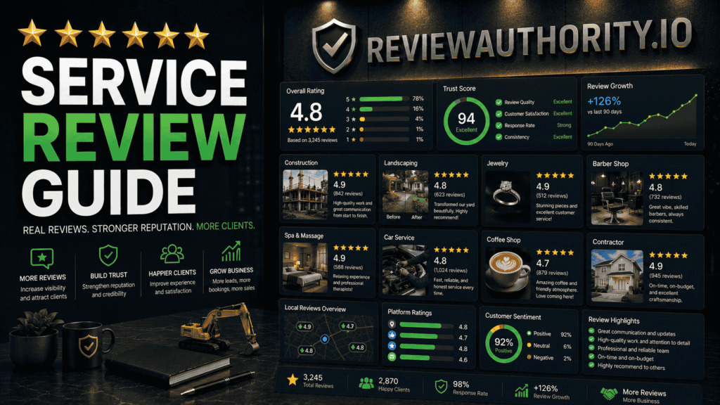 Service Review Guide dashboard showing contractor, construction, landscaping, barber, spa, jewelry, coffee shop, and car service review analytics with ReviewAuthority.io branding.